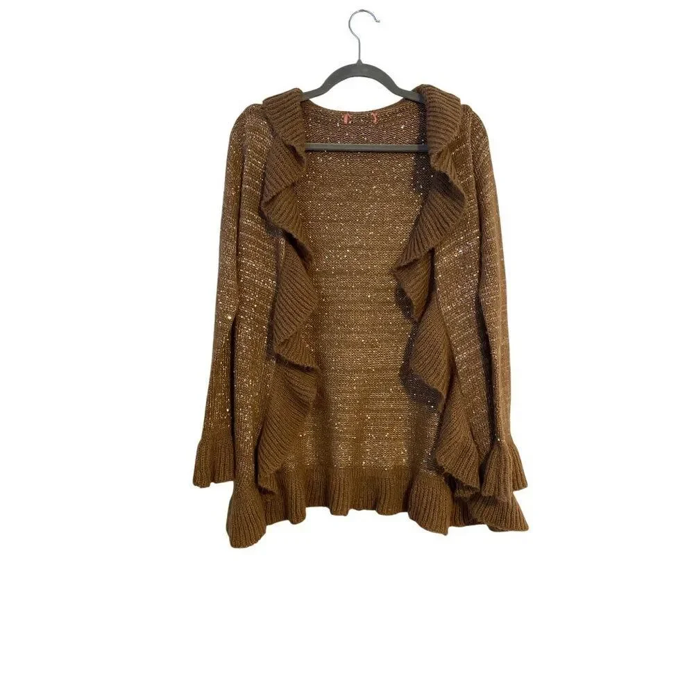 Unbranded Cardigan Women’s One Size Brown Open-Front Ruffle Sequin Sweater Glam
